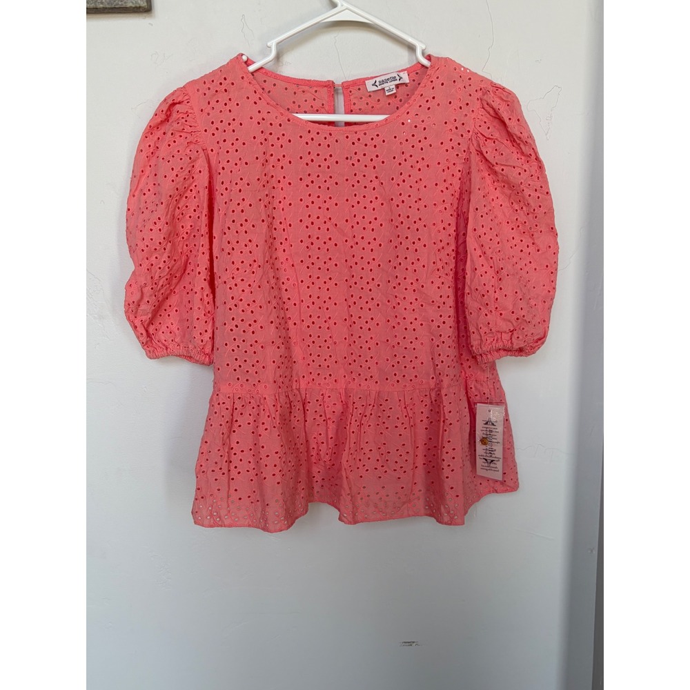 Nanette Lepore Pink Eyelet Cotton Peplum Top Puff Sleeve Coral Blouse NWT Large